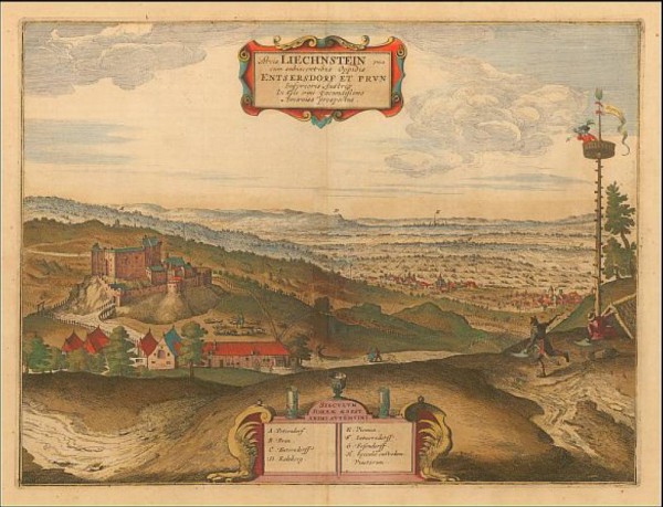 Liechtenstein, Brunn am Gebirge und Maria Enzersdorf, Kolorierter Kupferstich, 1657 