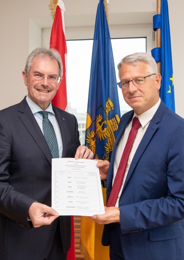 Landtagspräsident Karl Wilfing und Peter Anerinhof, Leiter der Abteilung Wahlen, mit dem amtlichen Stimmzettel zur Europa-Wahl 2019 (v.l.n.r.)