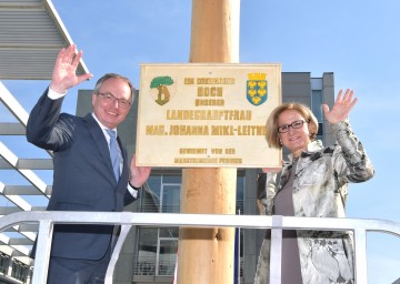 Landeshauptfrau Johanna Mikl-Leitner und LH-Stellvertreter Stephan Pernkopf mit dem Landhaus-Maibaum aus der Marktgemeinde Pernegg.