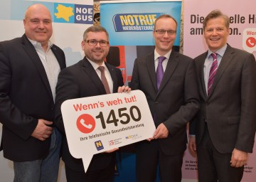 „Wenn’s weh tut! 1450“ – Ausgezeichnete Bilanz der telefonischen Gesundheitsberatung. Im Bild von links nach rechts: Notruf NÖ Geschäftsführer Constantin Chwojka, Landesrat Ludwig Schleritzko, Alexander Biach, Vorstandsvorsitzender im Hauptverband der Sozialversicherungsträger, Generaldirektor-Stellvertreter Volker Schörghofer vom Hauptverband der österreichischen Sozialversicherungsträger