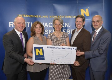 ecoplus-Geschäftsführer Helmut Miernicki, tecnet-Geschäftsführerin Doris Agneter, Landesrätin Petra Bohuslav, Christoph Madl, Geschäftsführer der NÖ Werbung, und Georg Bartmann, Leiter der Abteilung Wirtschaft, Tourismus & Technologie im Land Niederösterreich, bei der Präsentation der Wirtschaftsentwicklung (v.l.n.r.)