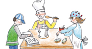 Zeichnung zeigt Kinder beim Kochen
