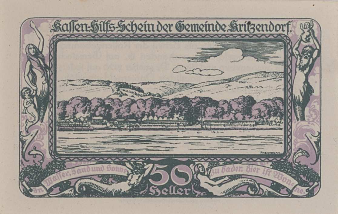 Der 50 Heller-Schein aus 1920 zeigt das Strombad Kritzendorf